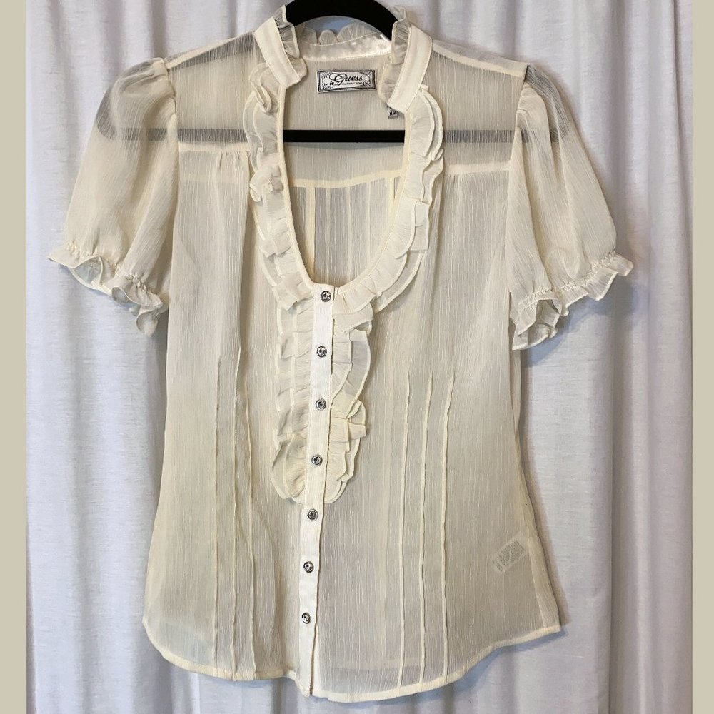 Guess Sheer Blouse With Ruffles - Size M - Cream - Off White - Like New